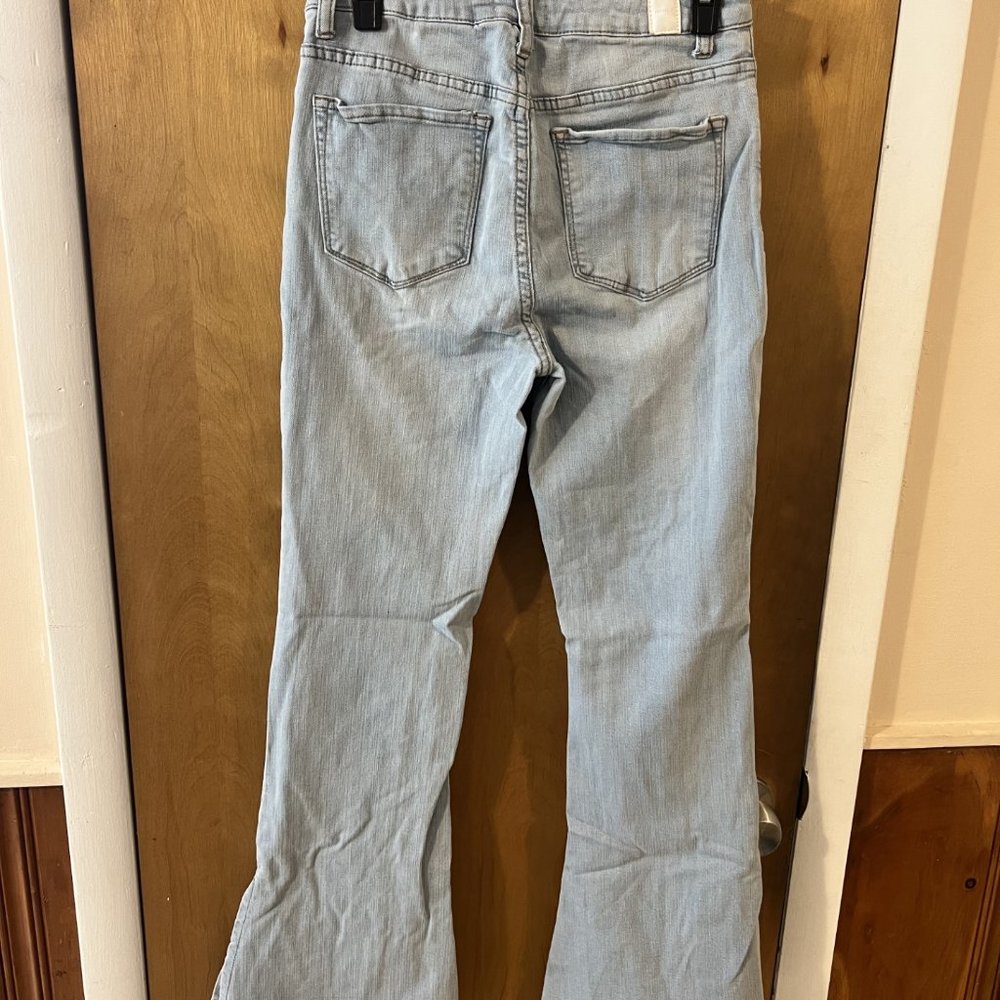 Forever 21 Light Blue Mid-Rise Flare Side Split Distressed Hem Denim Jeans 28 - Picture 5 of 5